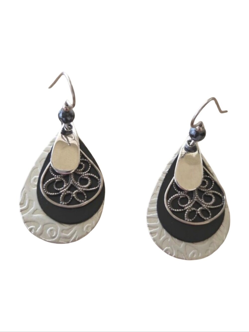 Mixed Metal Silver & Black Filigree Teardrop Dangle Earrings